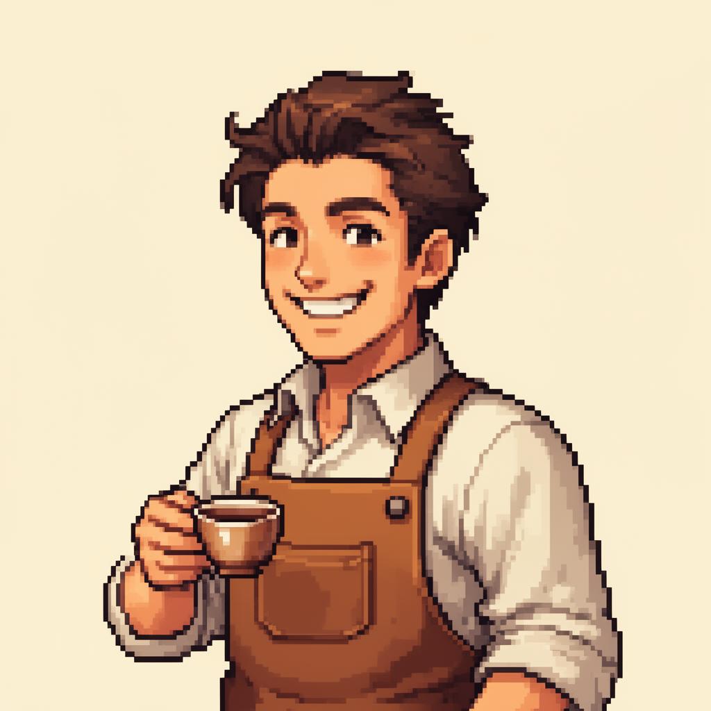 The Coffee Craft host, a smiling pixel-art barista holding a small cup