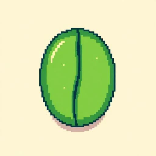 8-bit pixel art of a green Arabica coffee bean — elongated oval with curved center crease