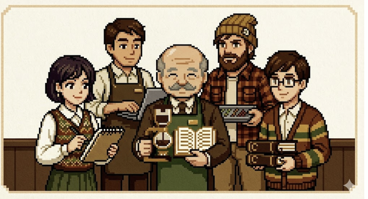Pixel art of the Coffee Craft academy crew — barista, roaster, master, farmer, and student
