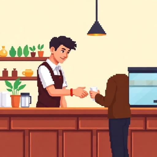 Pixel art of a barista greeting a customer
