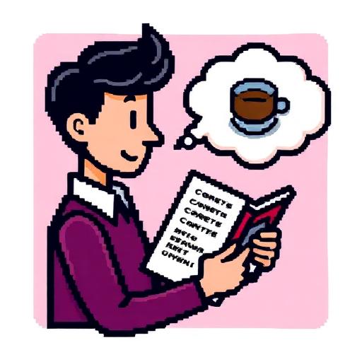 Pixel art icon of a customer reading a café menu