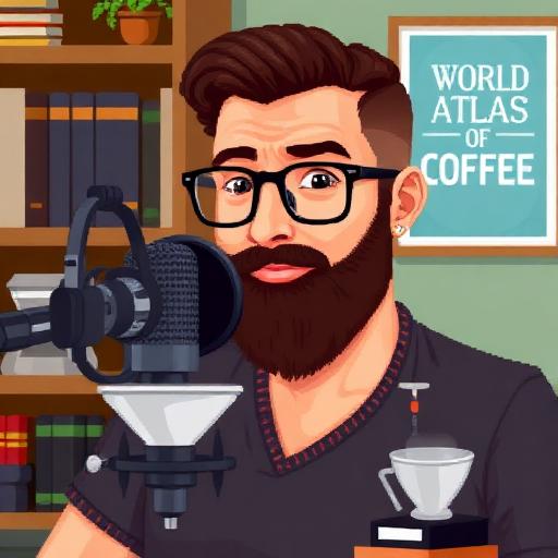 Pixel art portrait of a bearded coffee educator at a YouTube microphone