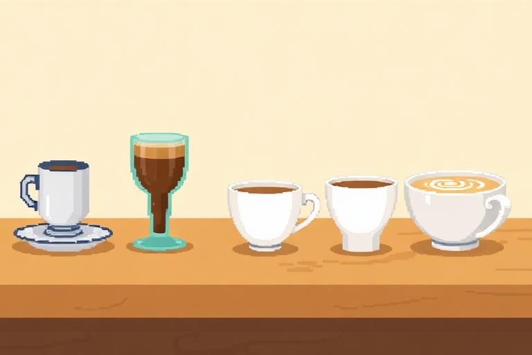 Pixel art lineup of espresso, cortado, cappuccino, flat white and latte cups