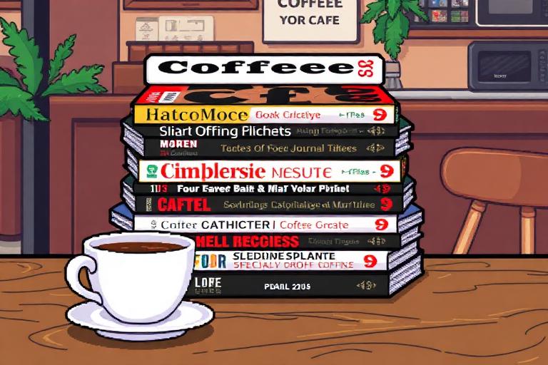 Pixel art of a stack of specialty coffee magazines on a cafe table