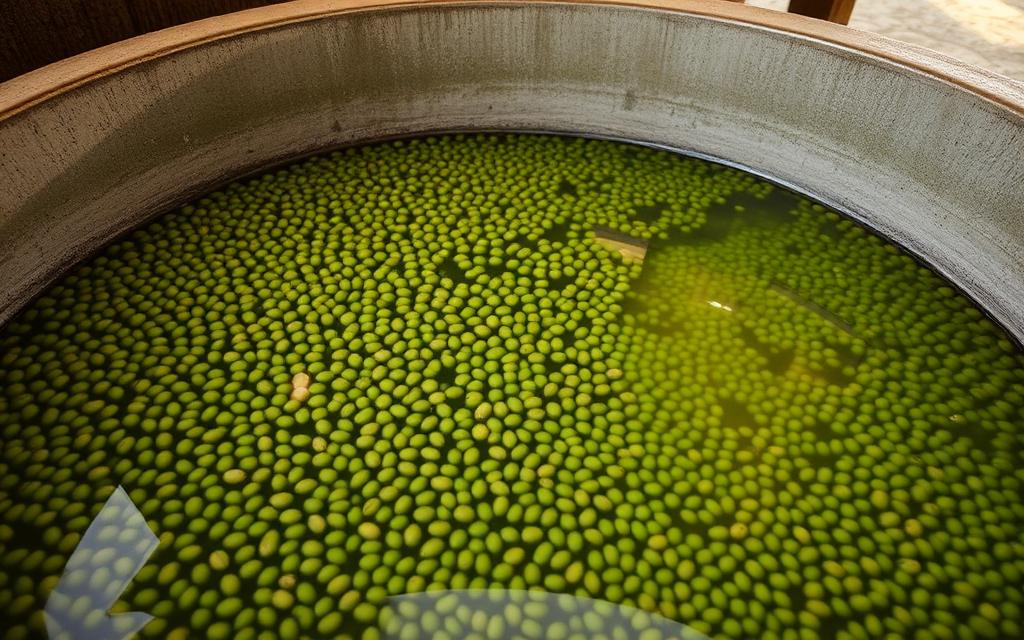 8-bit pixel art of a fermentation tank full of pulped green coffee beans in water