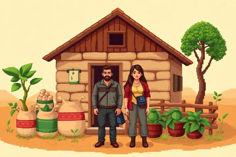 Pixel art of a smallholder coffee family at home