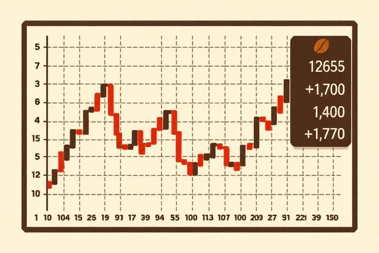 Pixel art of a coffee futures candlestick chart