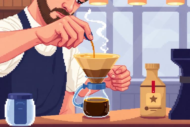 Pixel art of a barista hand-pouring a V60 with a single-origin bag